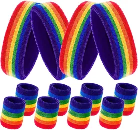 12 Pcs Rainbow Terry Cloth Sweatbands Set for Men & Women - 4 Striped Headbands, 8 Wristbands for Sports, Gym, LGBT Pride Parades (Rainbow)