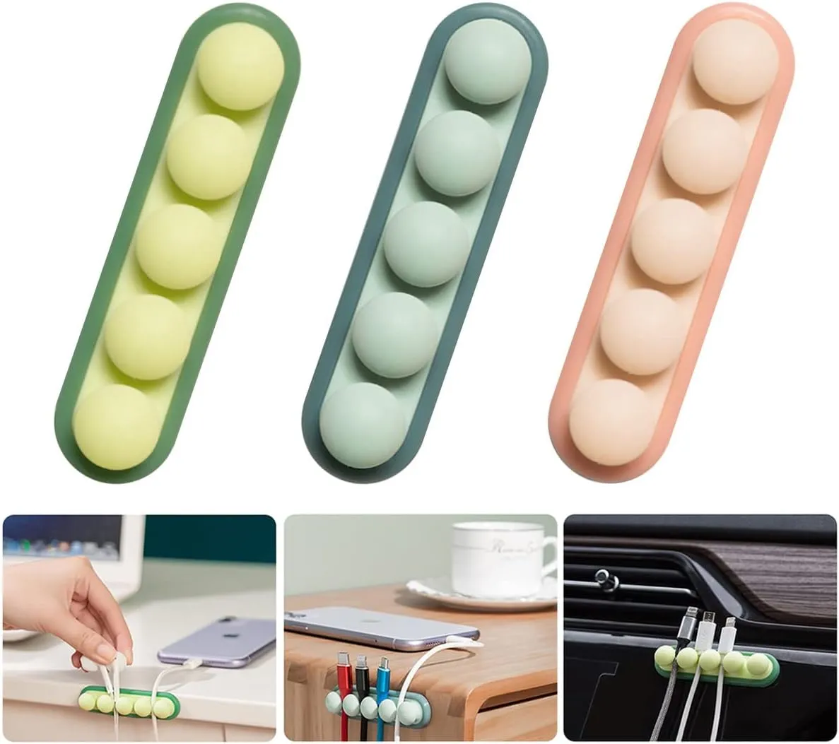 3 Pack Pea Cable Clips, USB Cable Organizer, Charging Cord Holder, Wire Management for Car Office Desk Workbench Bedroom Bedside Nightstand (3-Pack)
