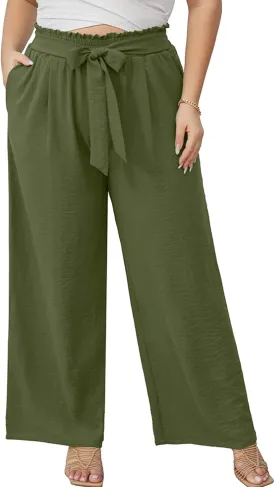 AusLook Women's Plus Size Wide Leg Lounge Pants with Pockets High Waisted Palazzo Adjustable Tie Knot Trousers