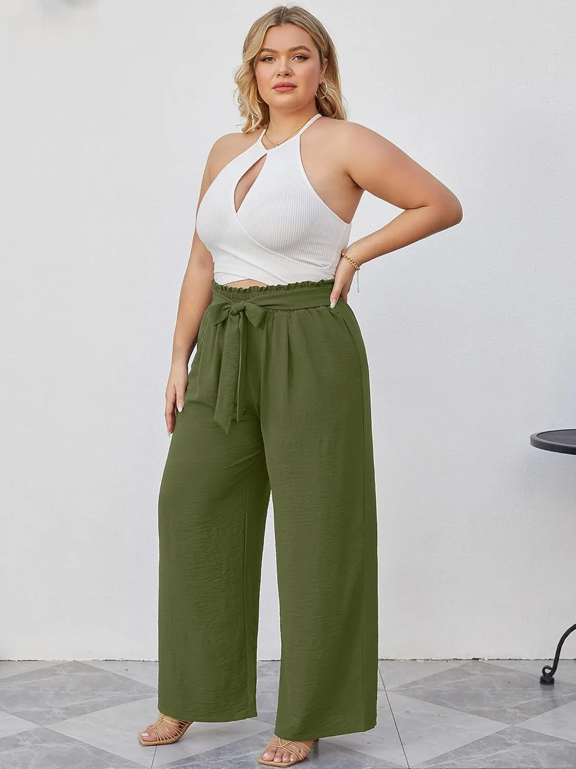 AusLook Women's Plus Size Wide Leg Lounge Pants with Pockets High Waisted Palazzo Adjustable Tie Knot Trousers
