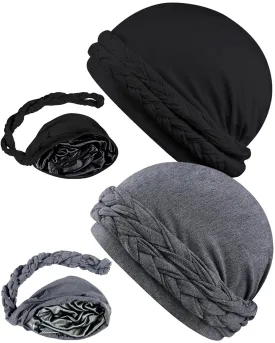 Babalet Halo Turban for Men Women Satin Lined Durag Skull Cap Pre-Tied Handmade Braids Tail Beanie Sleeping Bonnet,Black/Grey,2PCS