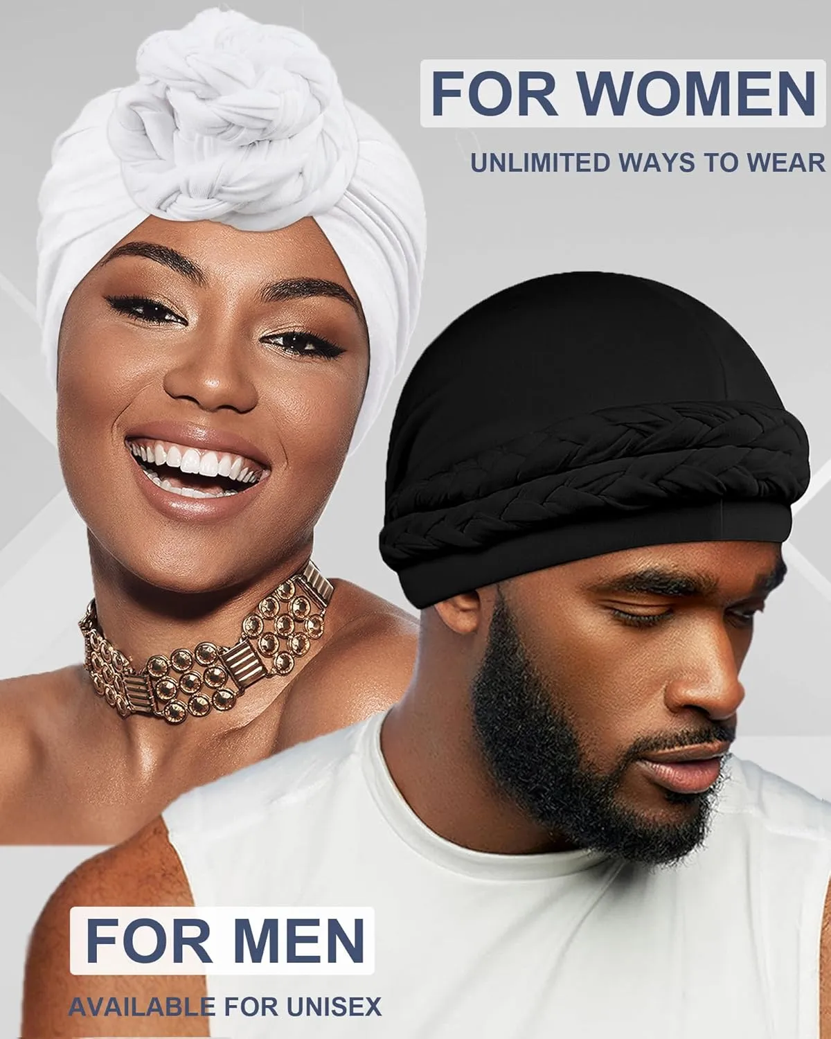 Babalet Halo Turban for Men Women Satin Lined Durag Skull Cap Pre-Tied Handmade Braids Tail Beanie Sleeping Bonnet,Black/Grey,2PCS