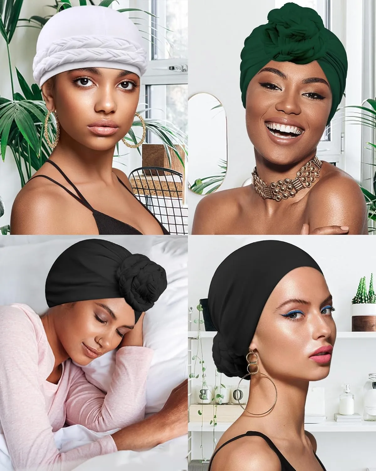 Babalet Halo Turban for Men Women Satin Lined Durag Skull Cap Pre-Tied Handmade Braids Tail Beanie Sleeping Bonnet,Black/Grey,2PCS