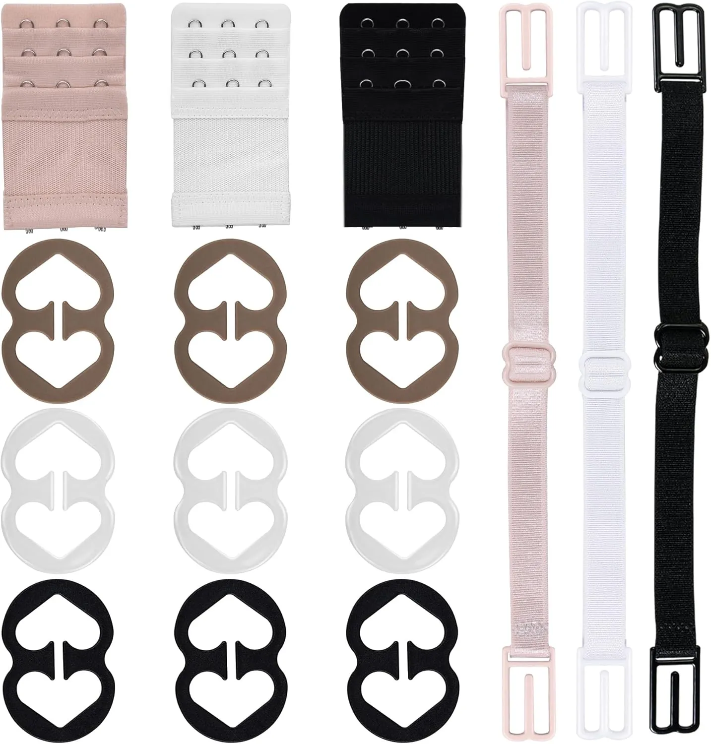 Bra Strap Clips, 3 Pcs Bra Extenders 3 Hooks, 3 Pcs Bra Strap Holder, 9 Pcs Bra Clips, 15 Pcs Bra Strap Clips Set for Full Cup Size, Conceal Straps Cleavage Control (Medium)