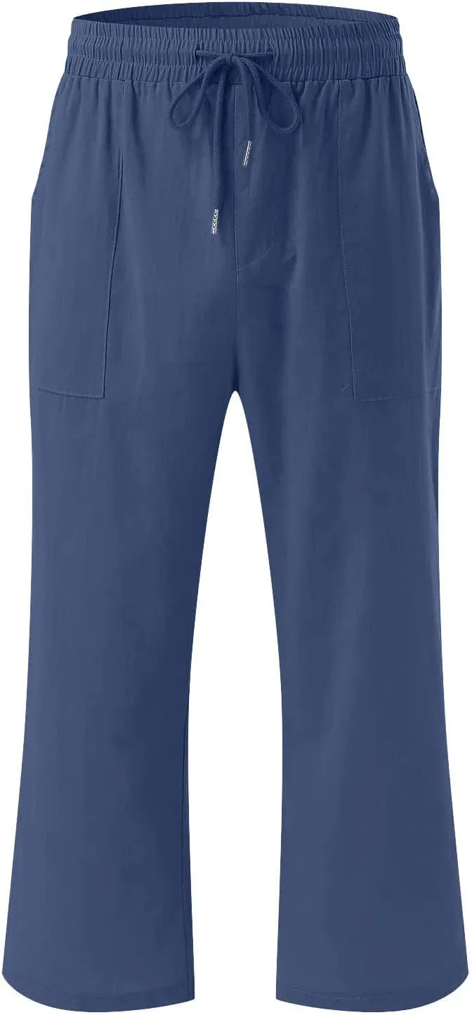 Capri Pants for Women Casual Summer Cotton Linen Cropped Pant Elastic High Waist Capris Straight Leg Lounge Trouser