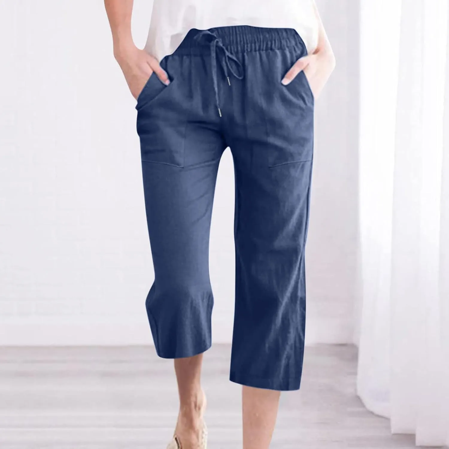 Capri Pants for Women Casual Summer Cotton Linen Cropped Pant Elastic High Waist Capris Straight Leg Lounge Trouser