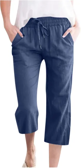 Capri Pants for Women Casual Summer Cotton Linen Cropped Pant Elastic High Waist Capris Straight Leg Lounge Trouser