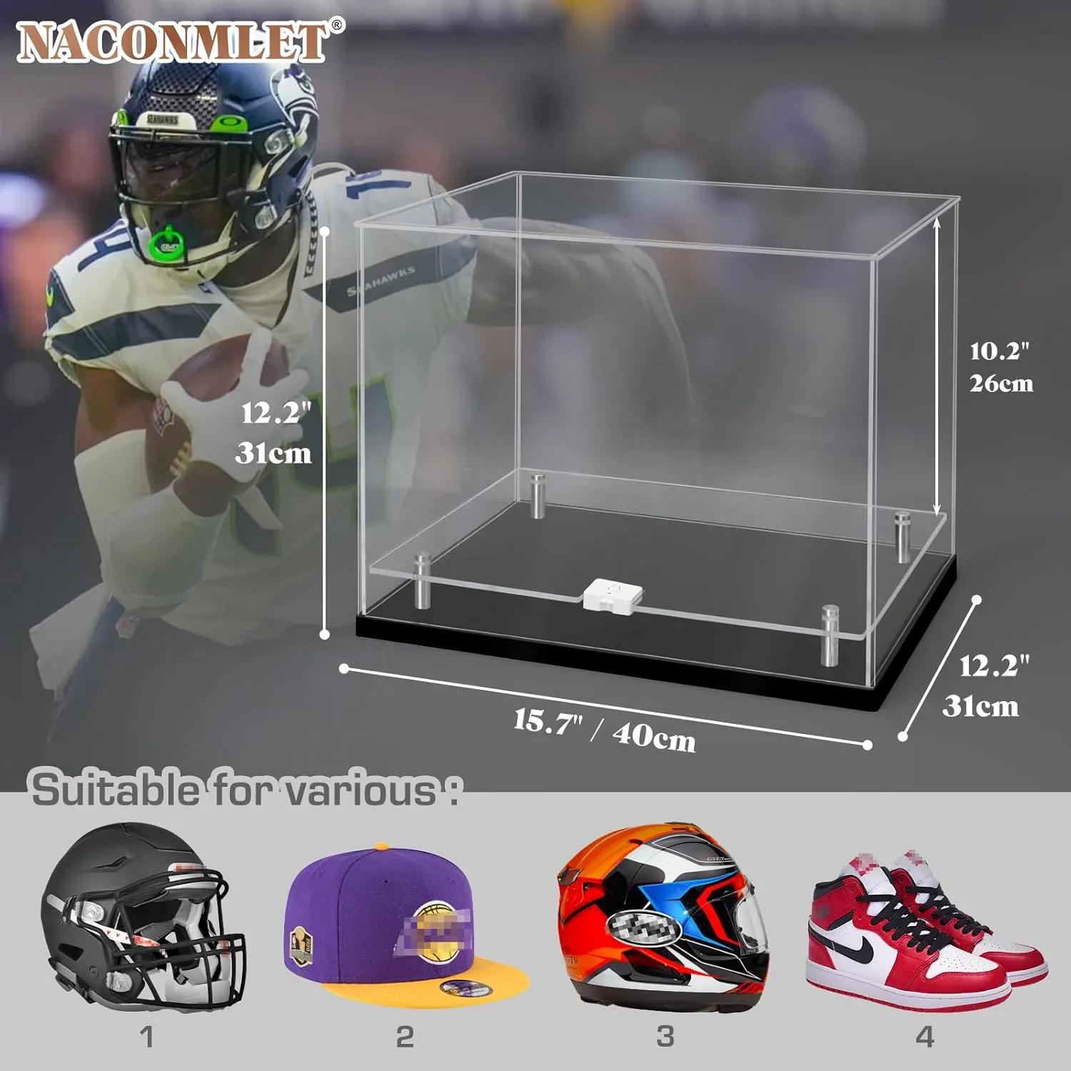 Football Helmet Display Case with LED Light-Clear Full Size Helmet Display-Acrylic Double Layer Helmet Display Stand for Autographed Helmet Display /Fans & Collectors, Sports Collectibles