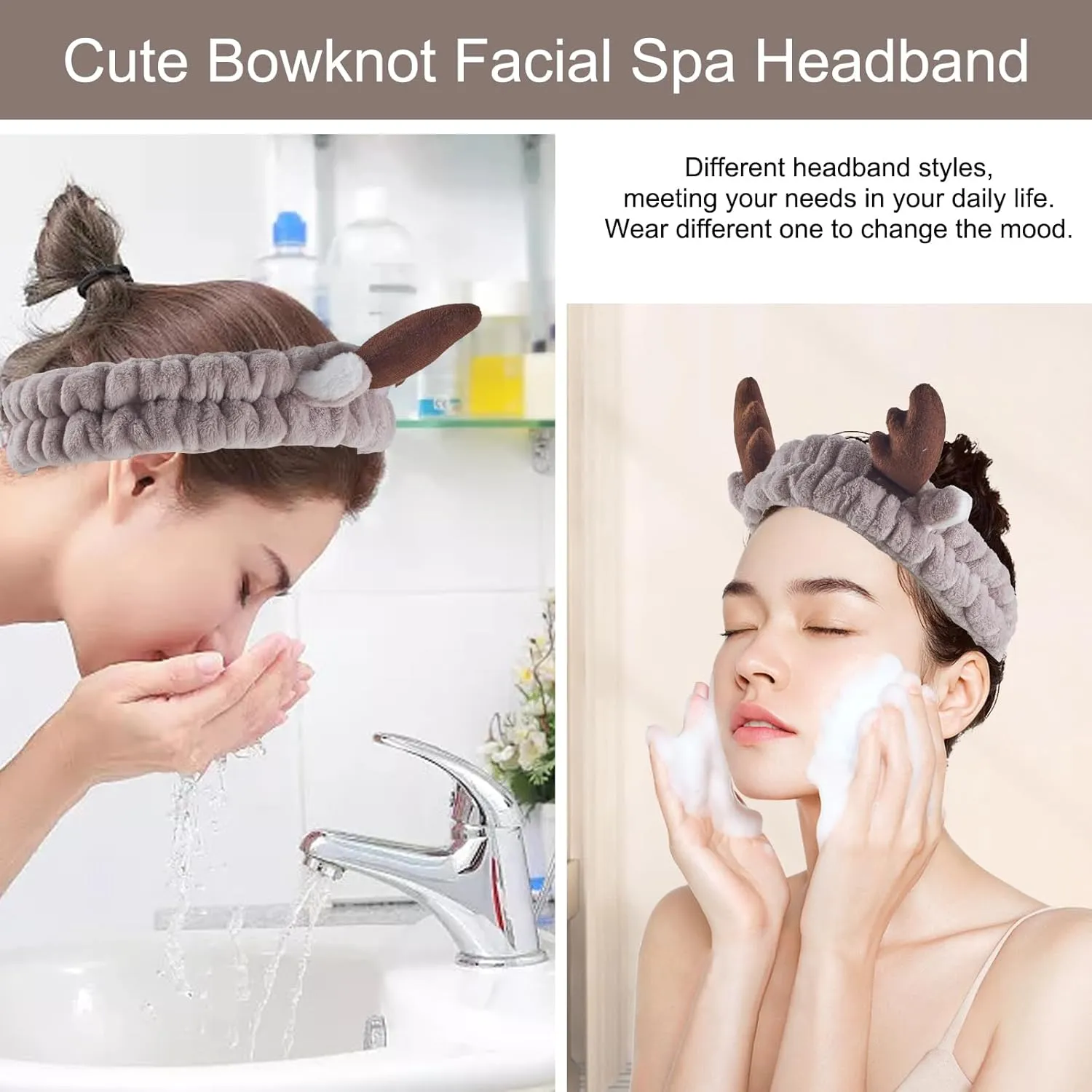 Jowmoy Cute Pink antlers Headband Frog Eye Elastic to Wash Face for Women Makeup Shower Spa.