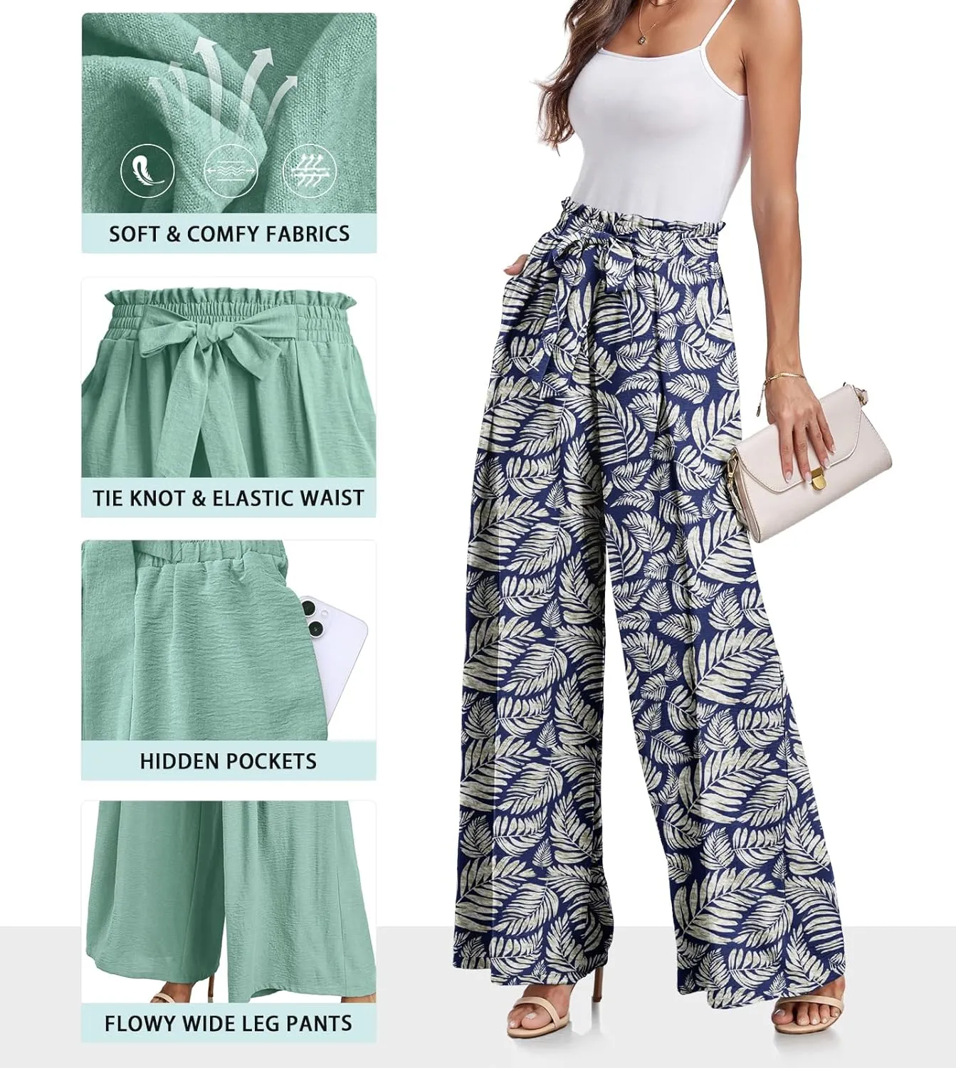Lepunuo Wide Leg Pants for Women High Waisted Palazzo Pants Work Casual Flowy Tie Knot Trousers with Pockets