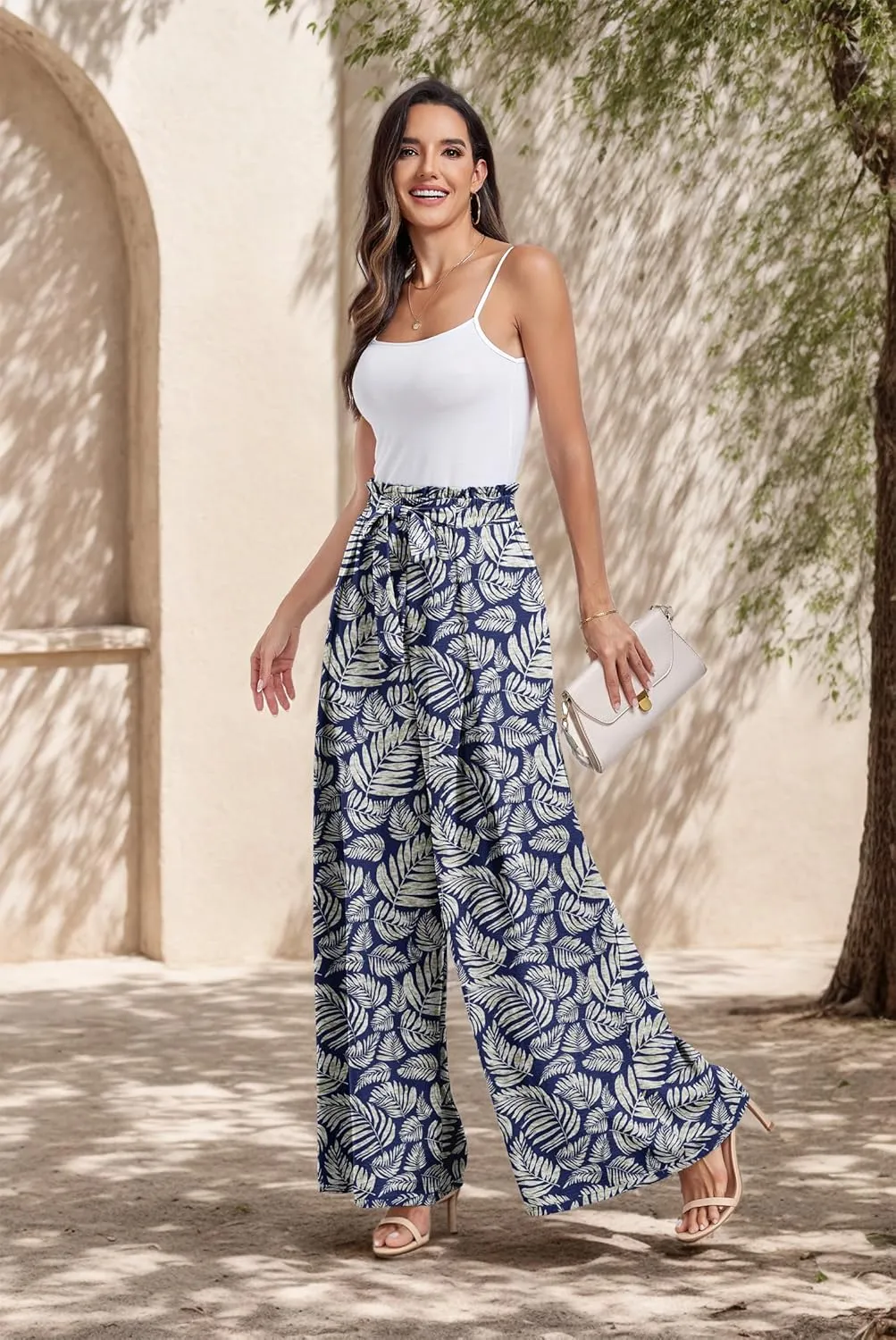 Lepunuo Wide Leg Pants for Women High Waisted Palazzo Pants Work Casual Flowy Tie Knot Trousers with Pockets