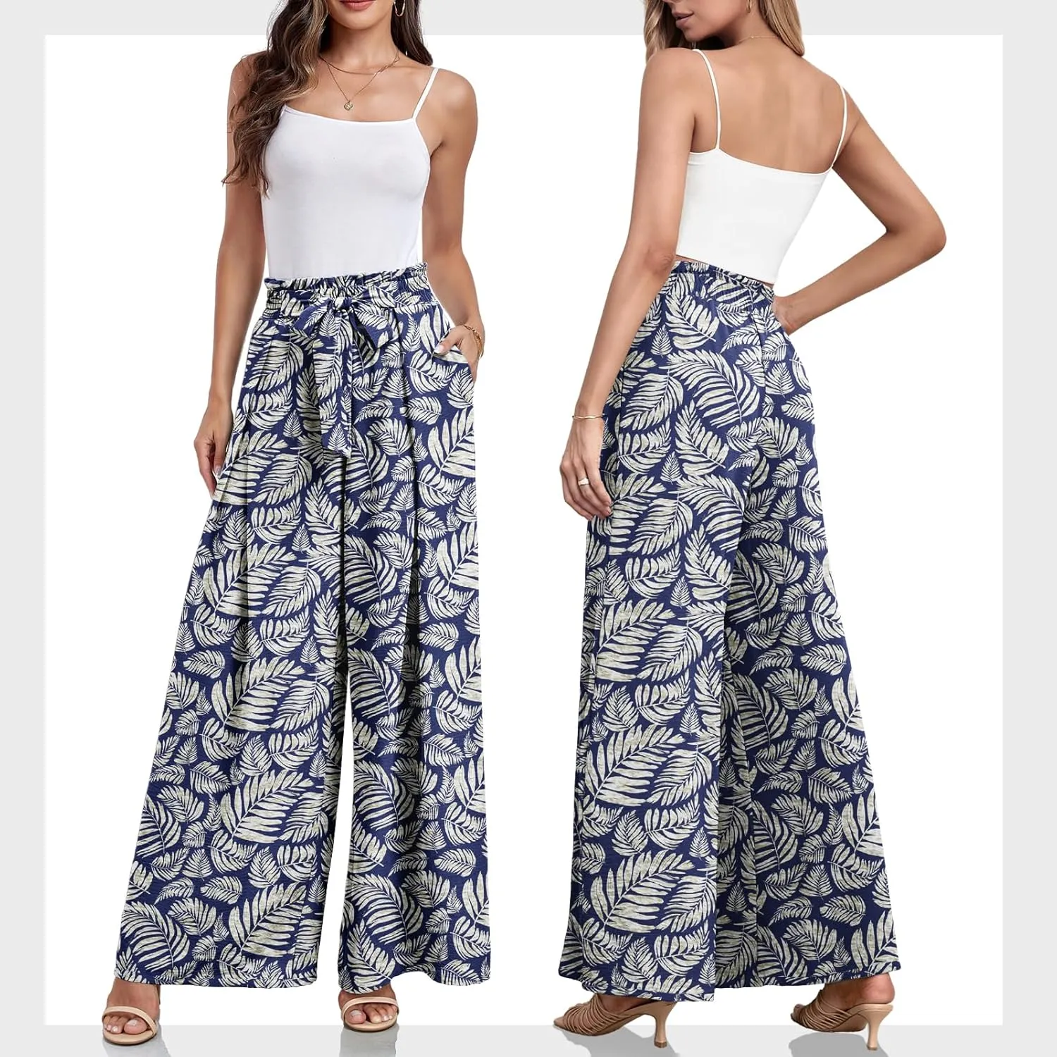 Lepunuo Wide Leg Pants for Women High Waisted Palazzo Pants Work Casual Flowy Tie Knot Trousers with Pockets