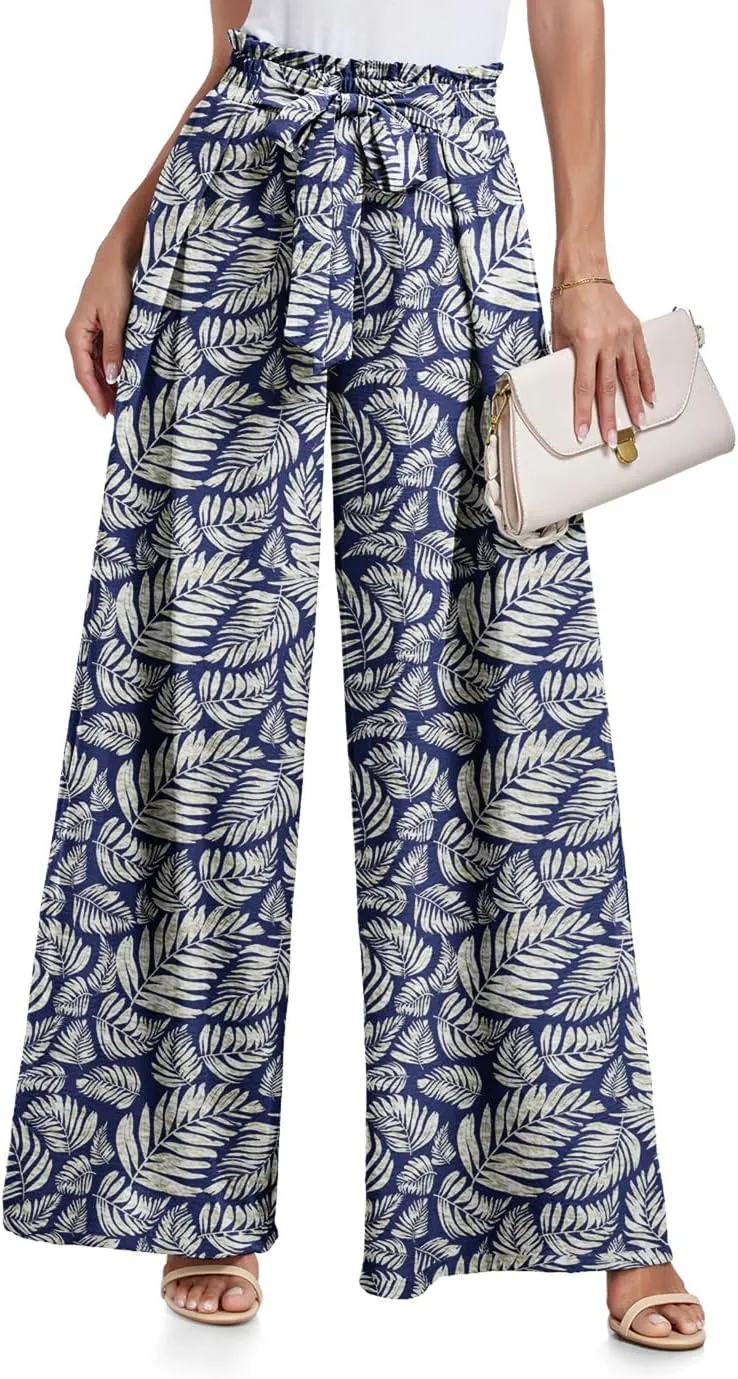 Lepunuo Wide Leg Pants for Women High Waisted Palazzo Pants Work Casual Flowy Tie Knot Trousers with Pockets