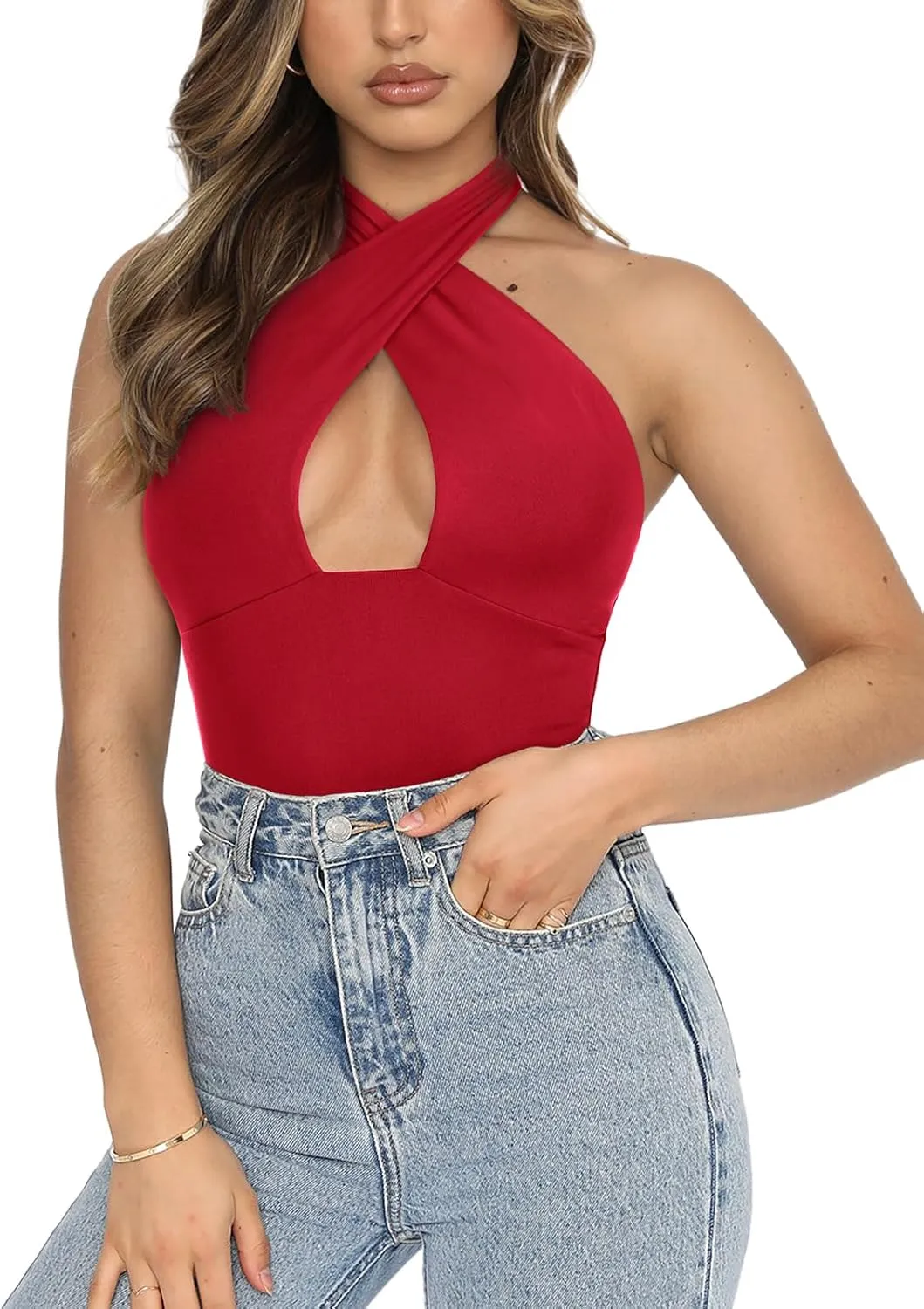 REORIA Butsmooth Women's Trendy Sexy Criss Cross Halter Neck Sleeveless Thong Bodysuits Tops Clubwear