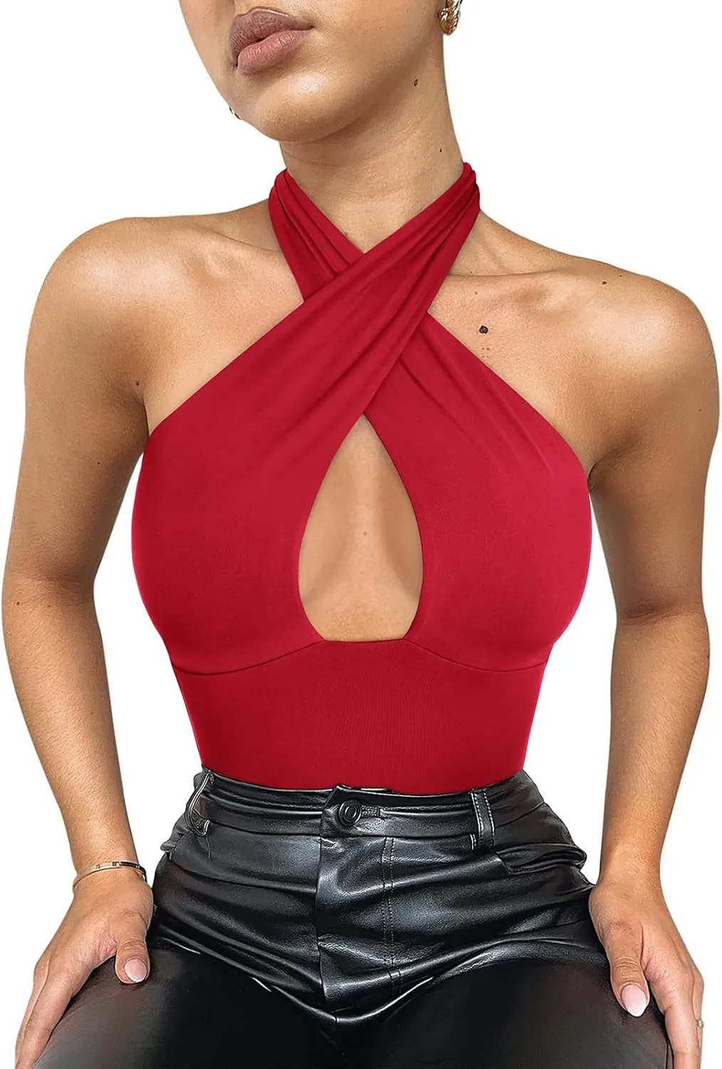 REORIA Butsmooth Women's Trendy Sexy Criss Cross Halter Neck Sleeveless Thong Bodysuits Tops Clubwear
