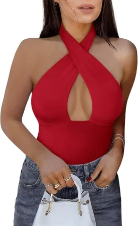 REORIA Butsmooth Women's Trendy Sexy Criss Cross Halter Neck Sleeveless Thong Bodysuits Tops Clubwear