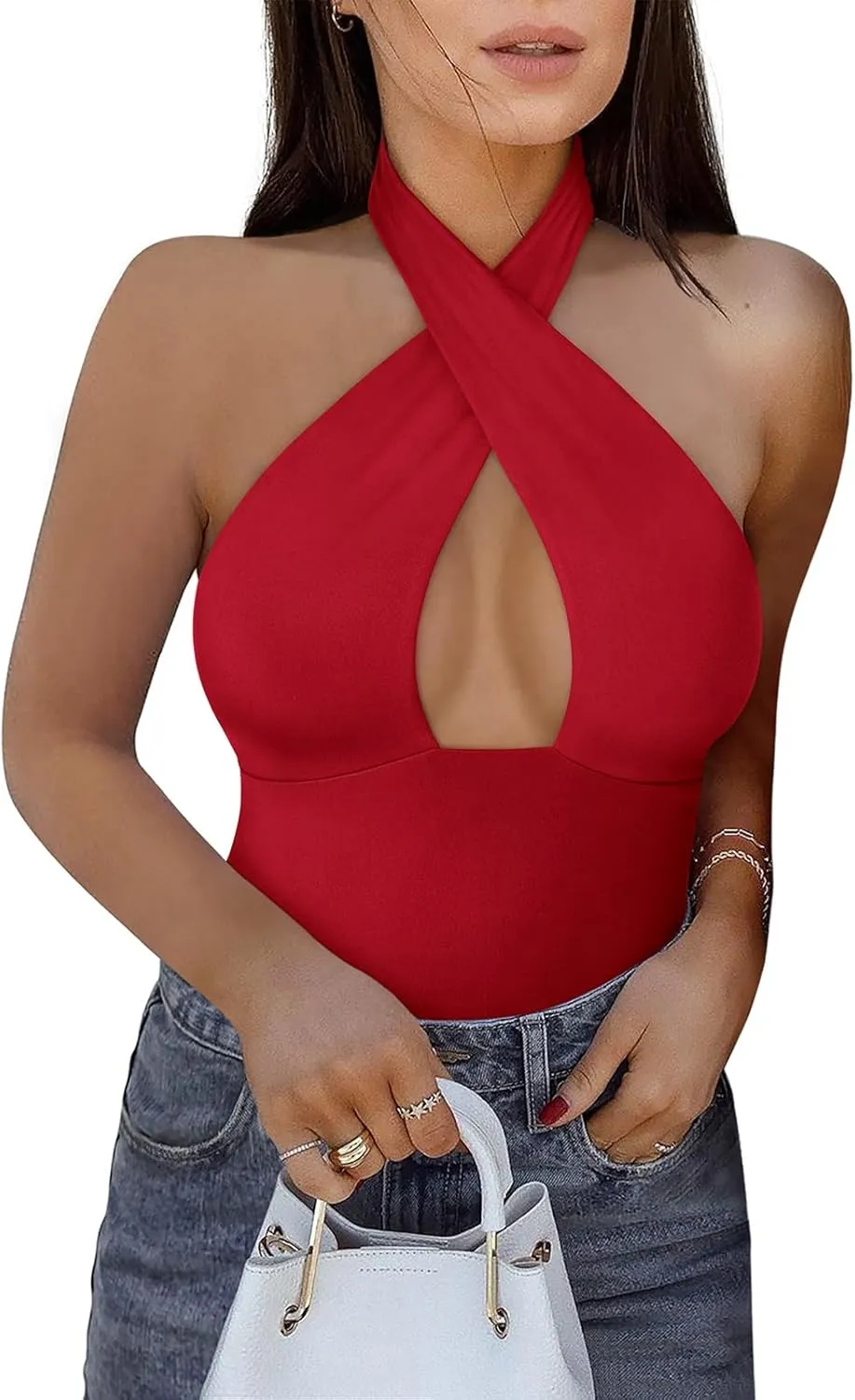 REORIA Butsmooth Women's Trendy Sexy Criss Cross Halter Neck Sleeveless Thong Bodysuits Tops Clubwear