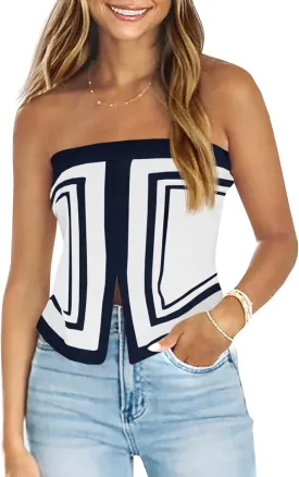 Saodimallsu Womens Strapless Crop Tube Tops Sexy Sleeveless Knit Summer Trendy Color Block Asymmetrical Y2k Bandeau Top