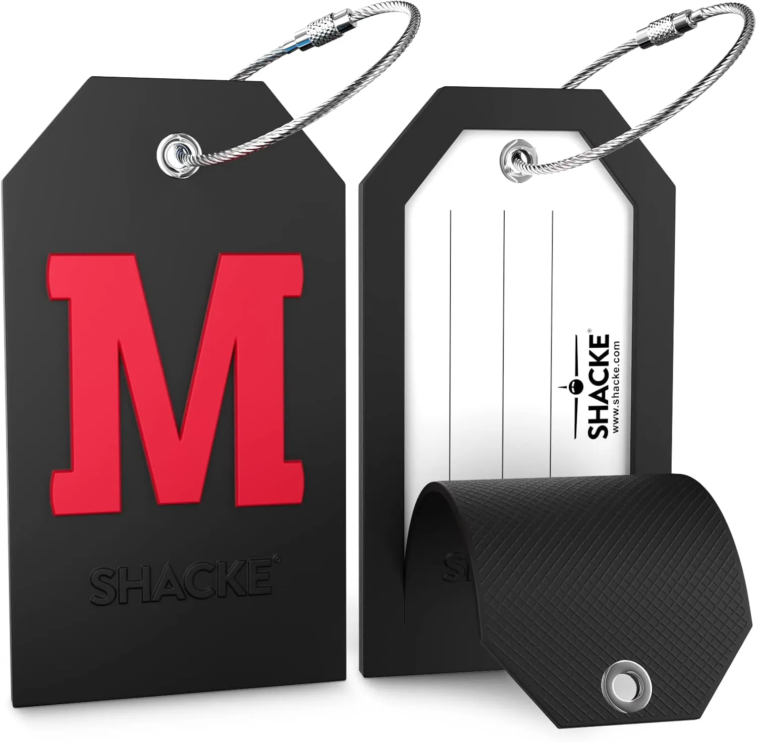 Shacke Initial Luggage Tag with Full Privacy Cover and Stainless Steel Loop - Black (Letter M)