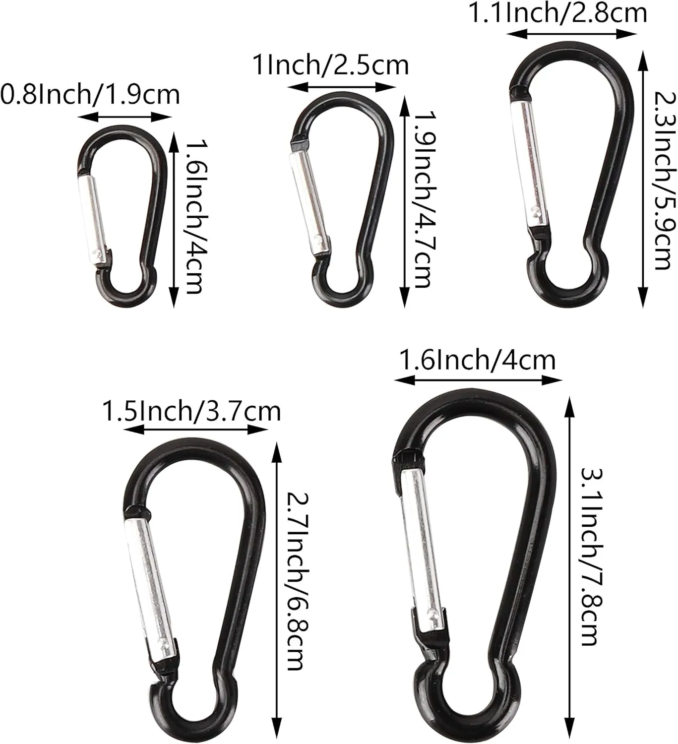 Swatom Aluminum Carabiner Clip 1.6/1.9/2.3/2.7/3.1 Inches Spring Snap Hook Keyring Carabiners Keychains Black (10P/20P)