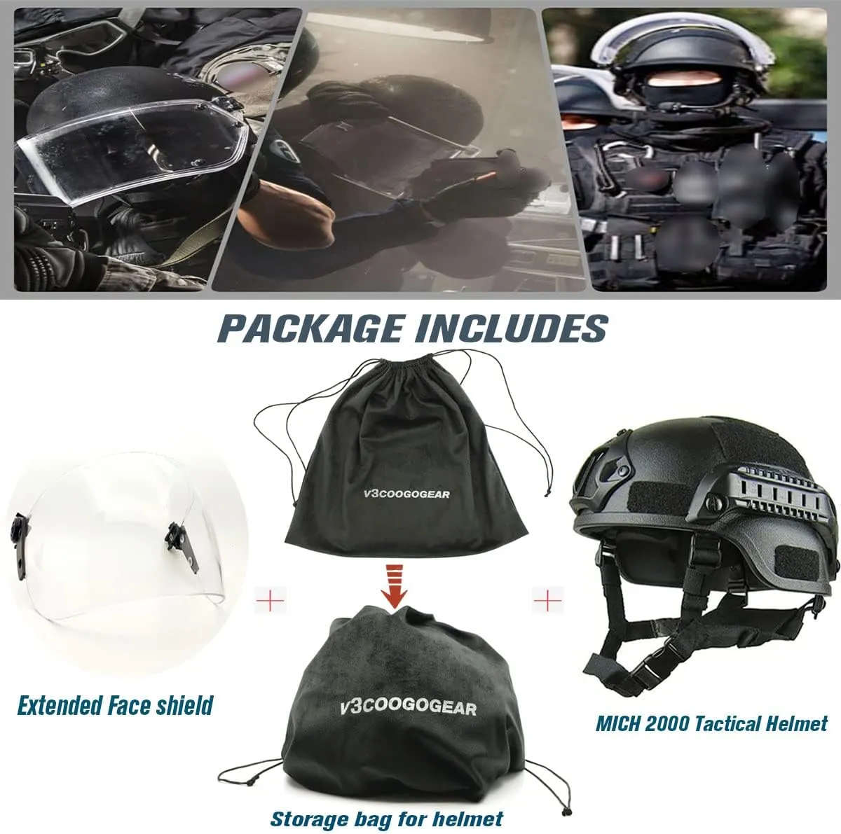 Tactical ACH Airsoft Helmet with Full Face Clear Visor Protective Guard MICH 2000 Mode for Paintball Outdoor CS Wargame