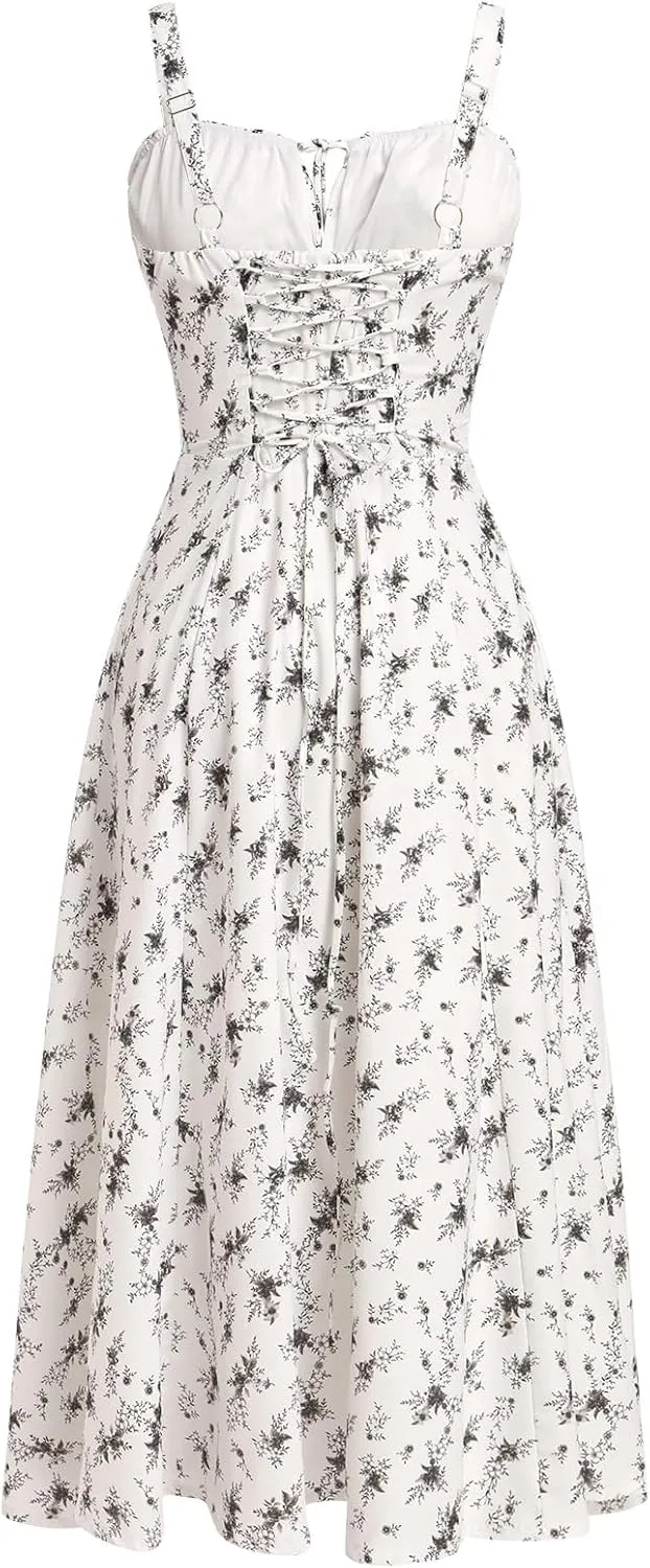Women Floral Corset Dress Sleeveless Square Neck Spaghetti Straps Dress Boho Holiday Flowy Midi Bustier Sundress