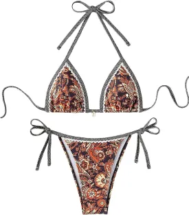 Women's Floral Printed Bathing Suit Halter Paisley Summer Swimsuit Bikinis Set