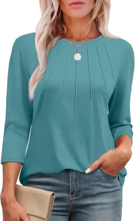 XIEERDUO 3/4 Length Sleeve Womens Tops Round Neck Casual Tunic Tops Basic Pleated Shirts Loose Fit 2025