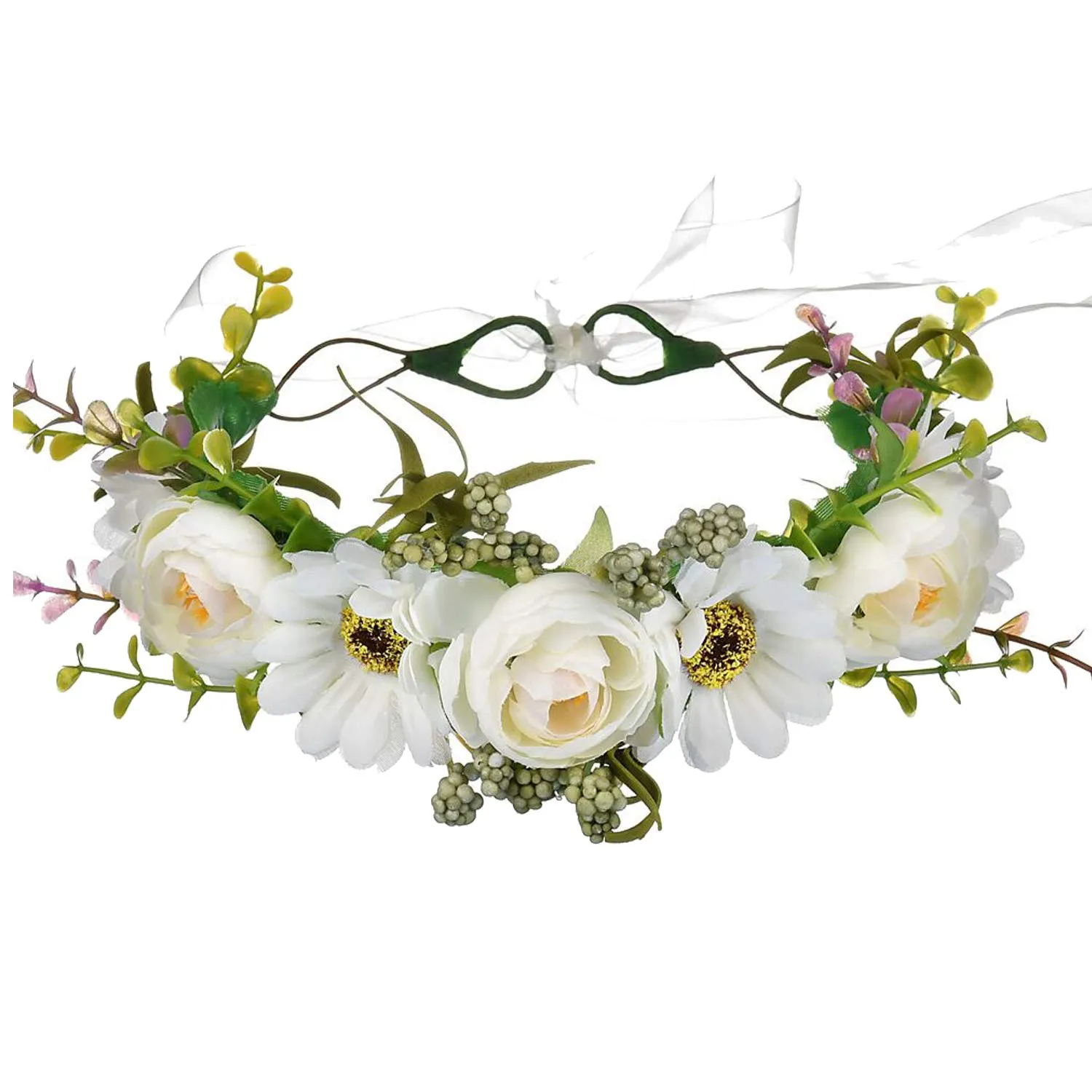 YnimioAOX Handmade Adjustable Flower Wreath Headband Halo Floral Crown Garland Headpiece,C11-white