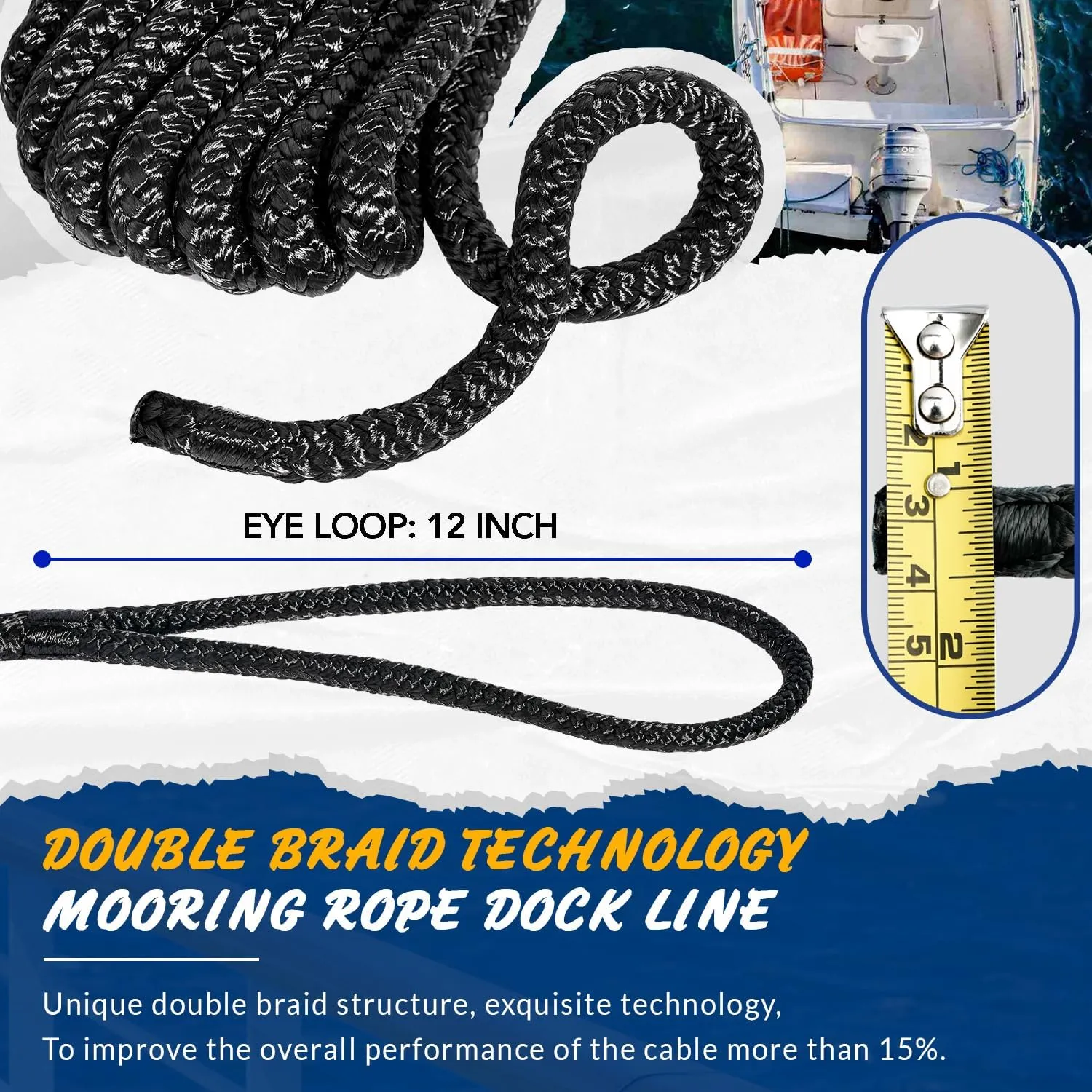Young Marine 2 Pack 1/2 X 15 Dock Lines|Marine-Grade Double-Braided Nylon Dock Line with 12 Eyelet.Hi-Performance Boat Rope Mooring Rope Dock Line